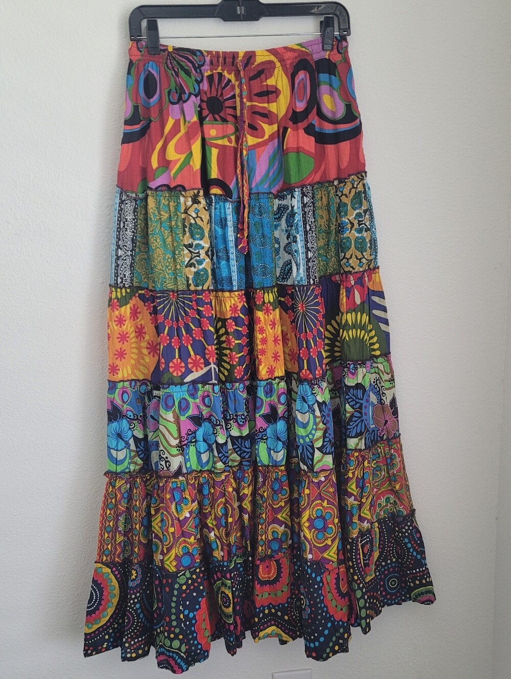 Vintage Boho Patchwork Tiered Maxi Skirt Cotton Made in Nepal Floral Pockets